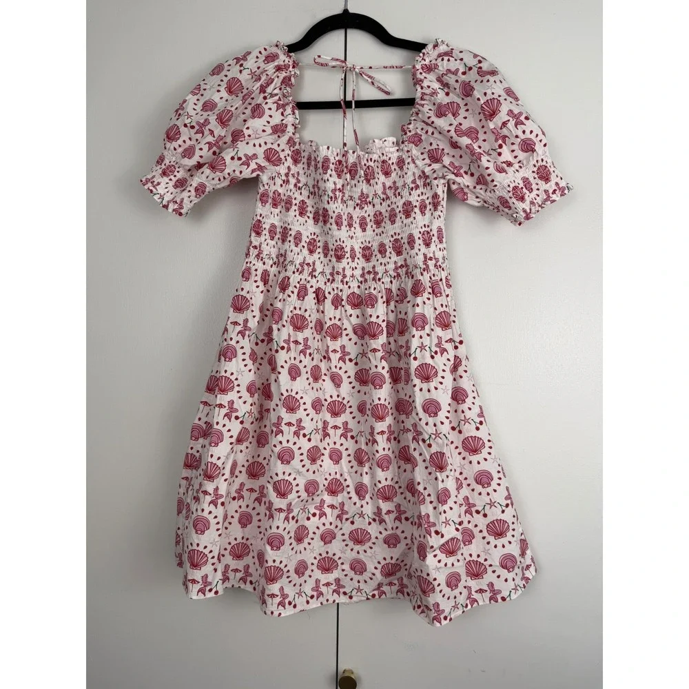 Hill House Home Mermaid Nap Dress Pink‎ Red Seashell Smocked Puff Sleeve Boho XS
